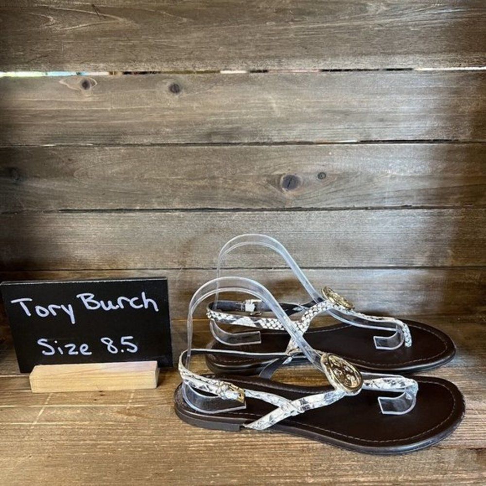 Womens Tory Burch Snakeskin Print T-Strap Thong Sandals Size 8.5 M EUC
